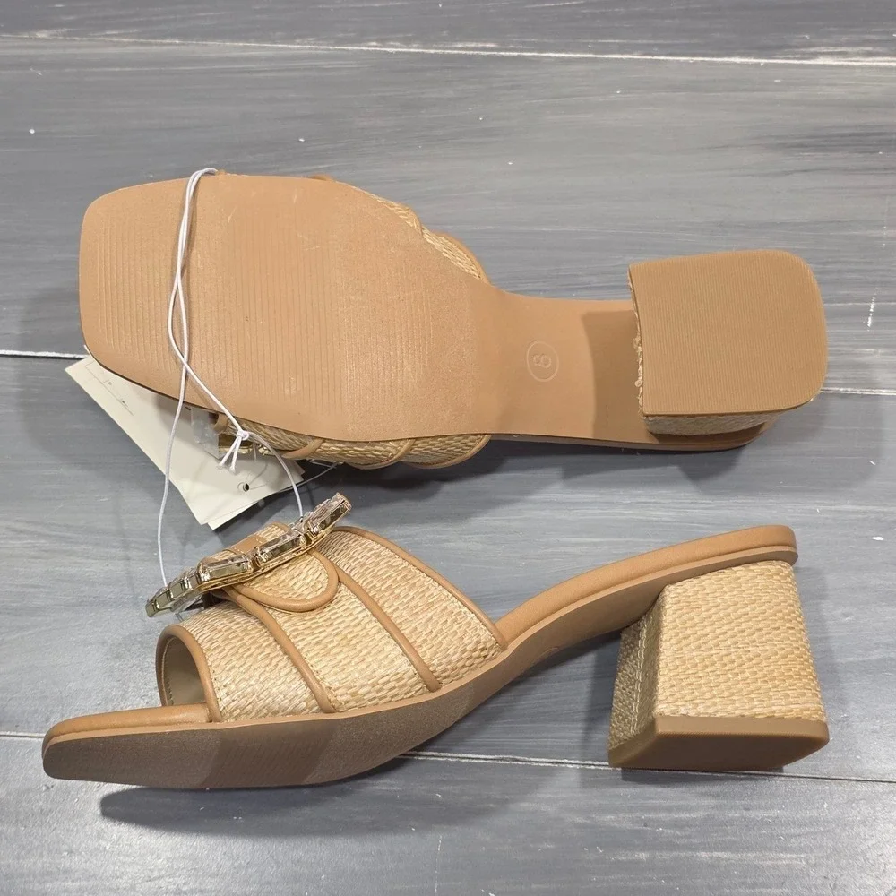 A New Day Kathleen Sandals Raffia Rhinestone Buckle Block Heel Mules Square Toe - Picture 7 of 15